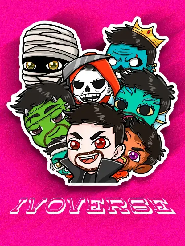 portada violeta con los emotes de Ivo amontonados del juego Batallas del Ivoverso