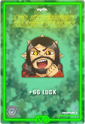 carta #05 del Ivoverso - Ivo Streamer Suertudo - Emote de Ivo festejando con puño